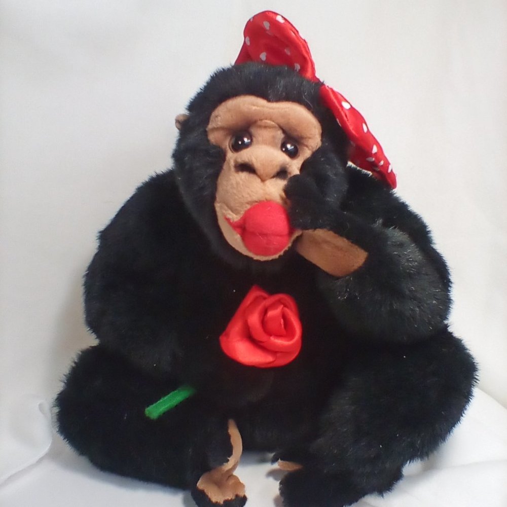 Adorable Plush Monkey Throwing Kiss And Holding A Rose.